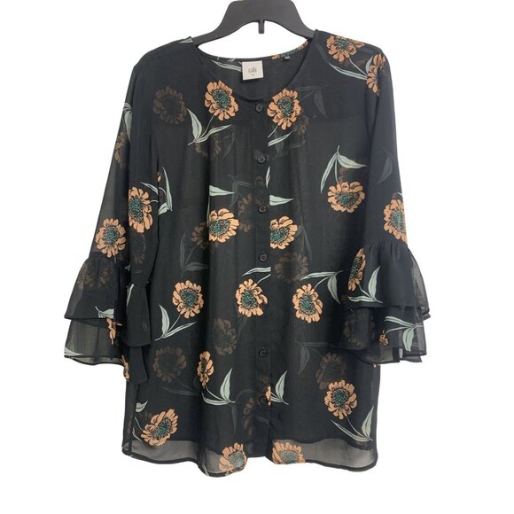 CAbi #5206 La Di Da Floral Sheer Ruffle Tiered Sleeve Blouse Size M - Picture 3 of 9